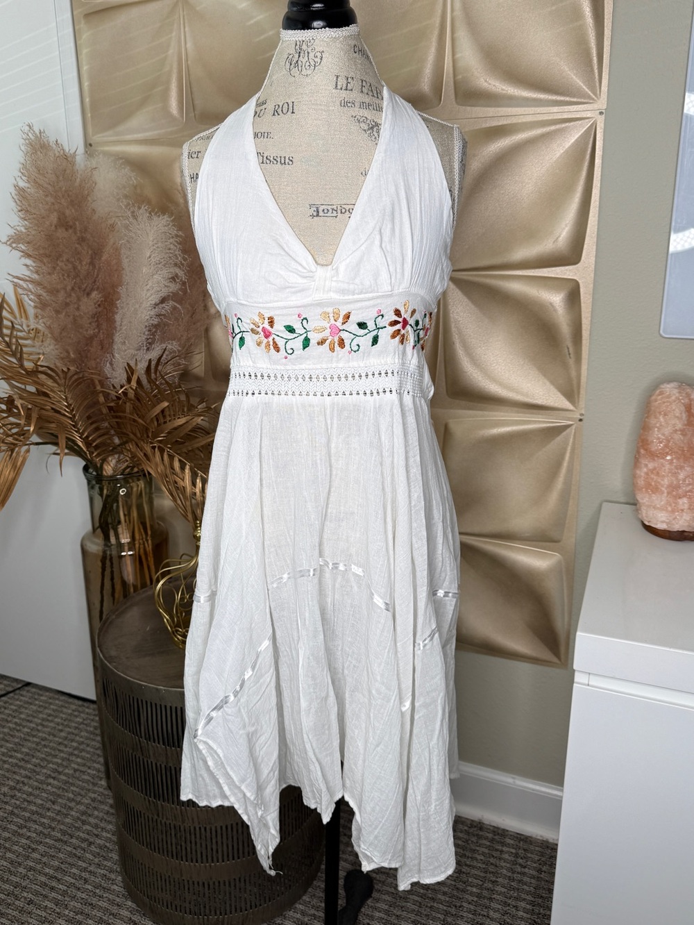 White Embroidered Halter Sundress